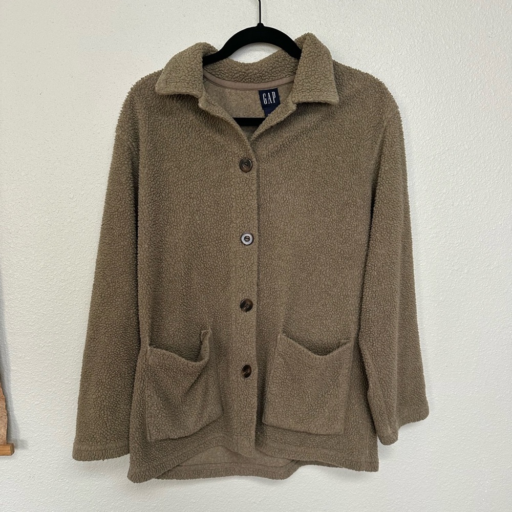 GAP Teddy Sherpa Fleece Button Front Jacket Chore Utility Style pockets grunge